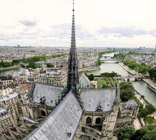Notre Dame's original spire from 1859 as it appeared in 2018, one year before the tragic April 2019 fire. Image courtesy Pedro Szekely/Flickr (cropped, CC BY-SA 2.0 Deed)