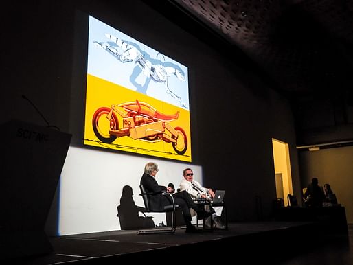 Syd Mead in conversation with Craig Hodgetts at the Southern California Institute of Architecture. Image courtesy of the Southern California Institute of Architecture. 