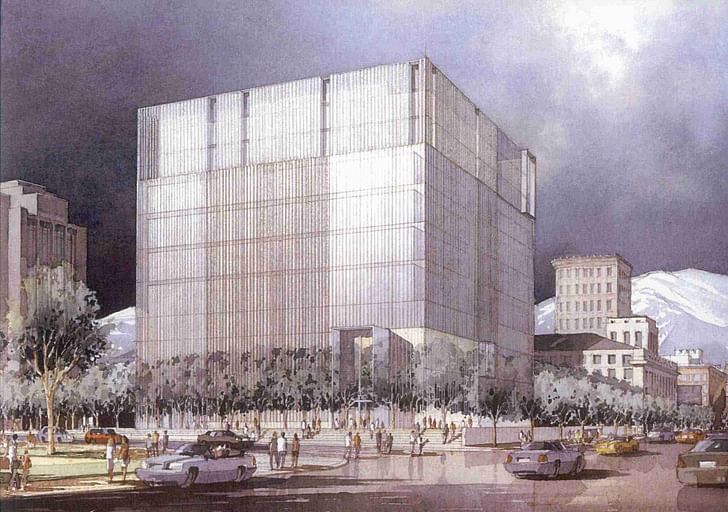 Rendering of the design by Thomas Phifer & Partners with Naylor Wentworth Lund Architects (1996). Image via utahheritagefoundation.org.