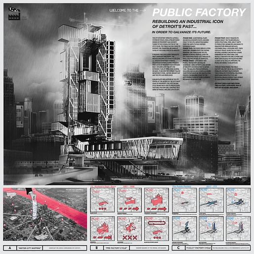 Category II - 1st Place: The Public Factory: Rebuilding an industrial-icon of Detroit's past in order to galvanize its future. Student: Kevin Herhusky. Faculty Sponsor: Margarida Yin | California Polytechnic State University