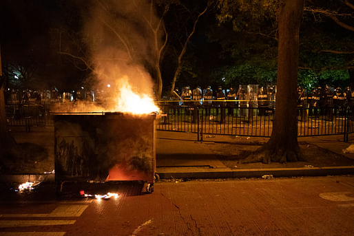 Built environment organizations respond to nationwide Black Lives Matter protests. Image credit and courtesy of Wikimedia user<a href="https://commons.wikimedia.org/wiki/File:Burning_dumpster_at_George_Floyd_protests_in_Washington_DC,_Lafayette_Square.jpg"> Rosa Pineda.</a>