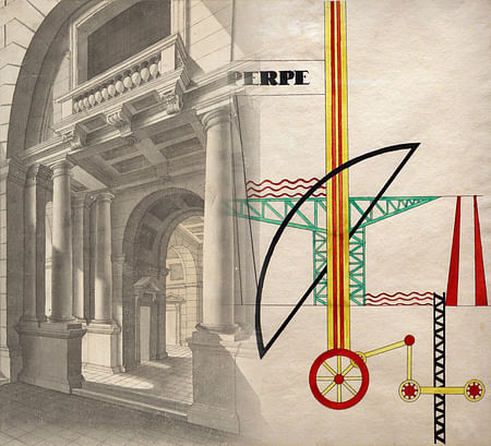 Left: A Beaux-Arts period architectural perspective (anonymous, 18th century). Right: A drawing by László Moholy-Nagy from 1919, who would join the Bauhaus as an instructor in 1923.