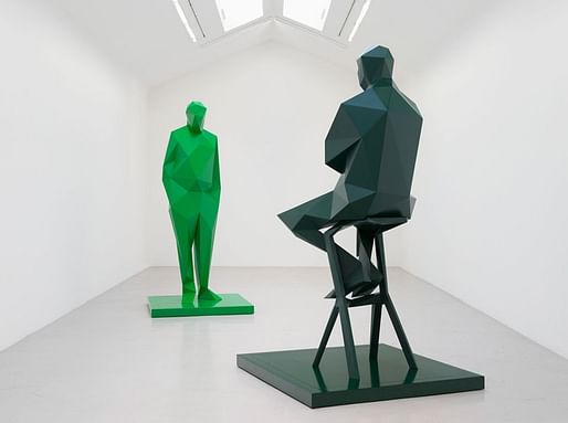 Sculptures of Renzo Piano and Richard Rogers in the recent Xavier Veilhan solo show "Flying V" at Galerie Perrotin in Paris. Photo: Claire Dorn © Xavier Veilhan / ADAGP, Paris, 2017. Courtesy of Perrotin. Image via theartnewspaper.com.