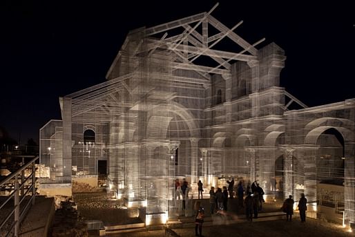 Edoardo Tresoldi's wire mesh sculpture of the Basilica di Siponto in Foggia, Italy. (Photo: Blind Eye Factory; Image via qz.com)