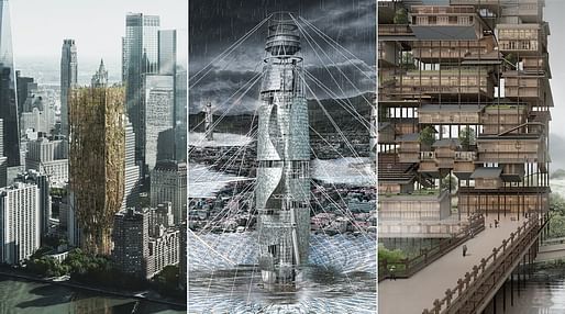 The winning 2021 entries are Living Skyscraper For New York City, Lluvioso Skyscraper Collects Rainwater And Replenishes Groundwater In Mexico City, and Hmong Skyscraper Is A Stack Of Traditional Houses Unified By Vertical Public Space.