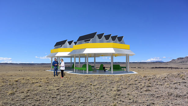 The Solar Breeze Oasis that makes electricity from the sun, stores it in batteries, and collects and stores rainwater for the local community. It also powers ceiling fans providing a cool gathering place for the local community.