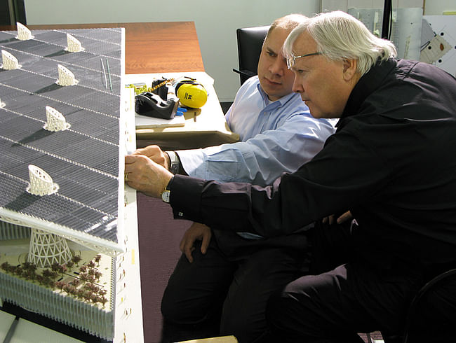 Adrian Smith and Gordon Gill with Masdar HQ model © AS+GG