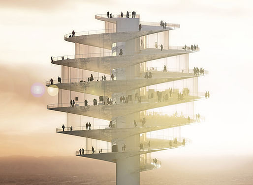 Exterior rendering of the tower's spiral-shaped observation platform (Image: BIG)