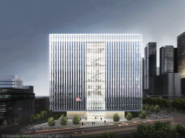 A rendering of the new federal courthouse that will be located at the corner of First St. and Broadway in Downtown LA. Photo courtesy of SOM