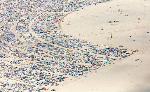 Aerial view of Burning Man's desert instant-city. Image courtesy of Flickr user Duncan Rawlinson.