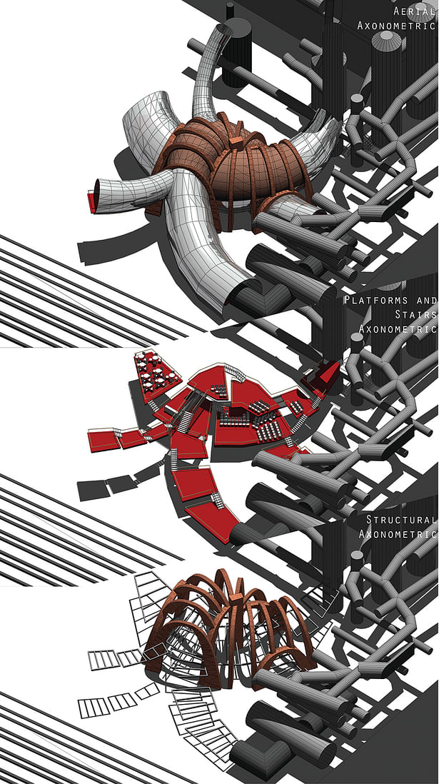 Layered Axonometric of Tube, Platform, and Structure