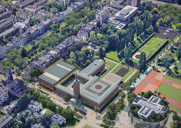 After: Bird's-eye view of the new Boijmans Van Beuningen Museum: the three national monuments by the architects Van der Steur, Bodon, and Henket are made accessible through a new sunken entrance by Mecanoo.