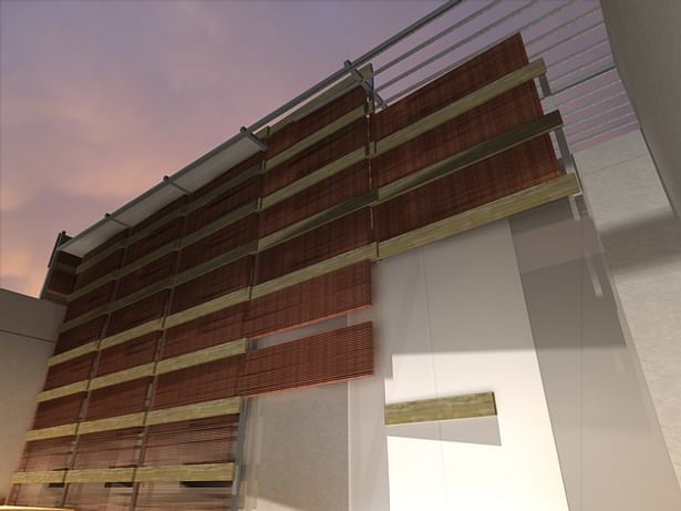 Museum render: Long Arizona copper sun-blinds will reduce direct solar heat gain. Over time these blinds will oxidize to a muted green. 