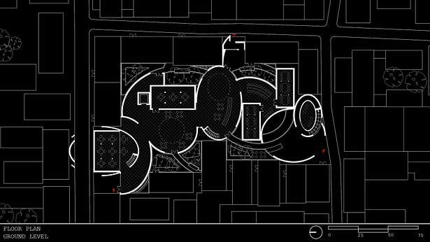 Even though the form of building contrasts the site building, the openings and communal spaces are designed to have the building integrated to the site. The in-between space becomes a courtyard to complete the outline of units that has been curved out by the site building. 