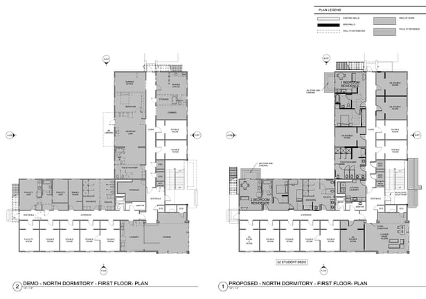 First floor plans showing the existing, demo, and proposed layouts of the North Dormitory building. 