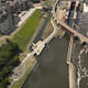 Aerial view of the Water Works site by the St. Anthony Falls, the Mississippi River's only true waterfall (Image courtesy of Minneapolis Parks Foundation)