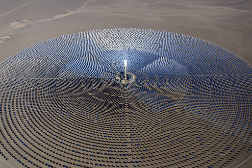 The new Crescent Dunes Solar Energy Plant in the Nevada desert uses molten salt and a giant solar farm to store the sun's heat and generate electricity for up to 10 hours after the sun has set. (Photo: SolarReserve; Image via npr.org)