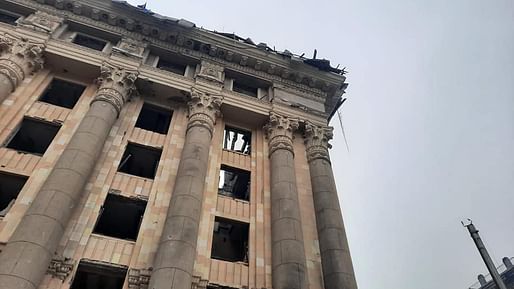 Kharkiv's heavily damaged former regional state administration building after Russian shelling on March 3rd, 2022. Image courtesy State Emergency Service of Ukraine via Facebook.
