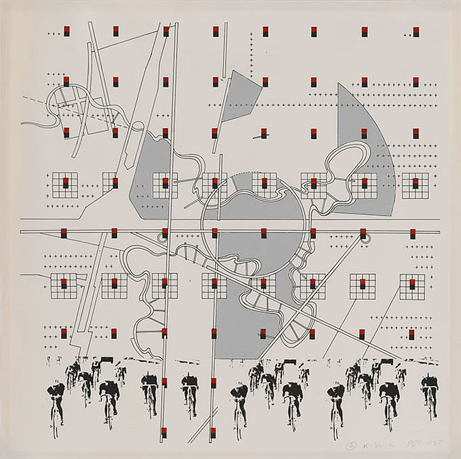 Bernard Tschumi, “#4 K Series,” 1985. Study for “La Case Vide: La Villette,” Folio VIII, 1985. Photostat with hand-applied enamel paint, 16 15/16 x 17”. Collection of the Alvin Boyarsky Archive. 