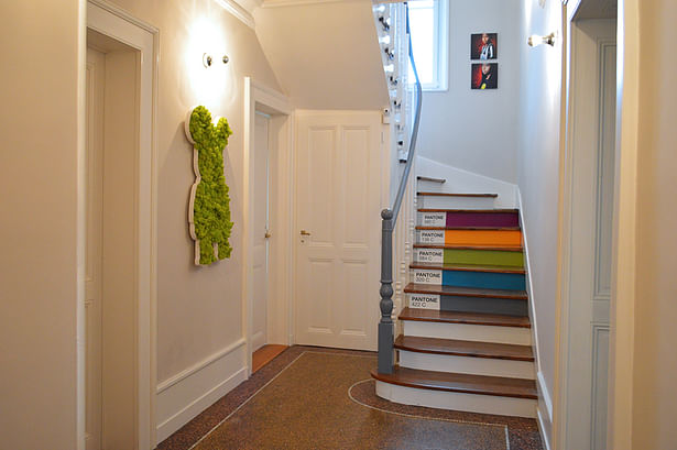 1st floor hallway - Custom vegetal wall art from Vegetal Identity and pantone stairs