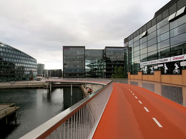 Initiatives like the 'Cykelslangen,' a bright orange, elevated bike path, have helped make Copenhagen the number one most 'bike-friendly' city in the world. Credit: Wikipedia