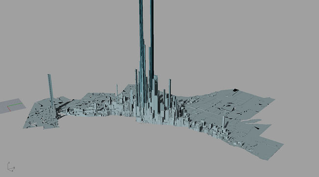 Greater Toronto Area Transit Volume 24 Hours, DataAppeal map imported into 3ds Max. Data Source: Transportation Tomorrow Survey. Rendering by Matt Perotto. Image courtesy Nadia Amoroso.