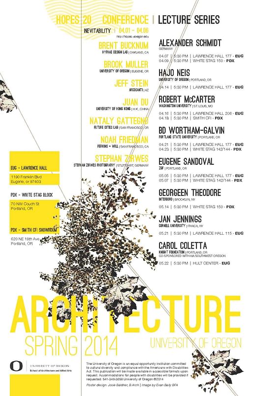 U. Oregon Spring '14 Lectures and Events. Poster design: Josie Baldner, B.Arch. Image: Evan Baily BFA