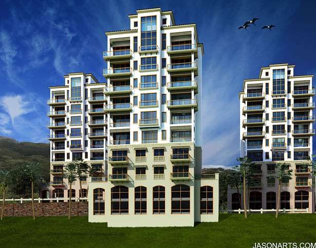 Apartment Complex Rendering. Built in 3DS Max 2008 and redone and completed fully in 2011. Used Mental Ray as the render engine. PhotoShop was used for texture creation and composition. Modeling and texuring all done by me. AutoCAD plans were provided by architect. Project cancelled before completion. Older renders are below. This is my version and vision.
