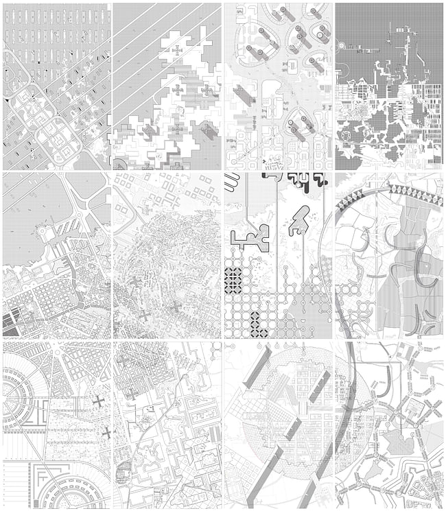 Modernist Campo: A map that assembles historical architectural visions of the city and blends different schemes to speculate on new forms of urbanism. Each landmass focuses on two schemes (such as Howard’s Garden City, Hilberseimer’s Groszstadt, or Tange’s Tokyo Bay Plan) and, in turn, couples these with its adjacent urban islands. What results is a composite of 20th century visionary architectural urbanism. Image courtesy of Alexander Eisenschmidt.