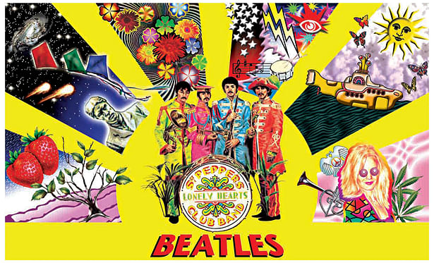 This piece is a psychedelic poster design of the Beatles Sgt. Pepper album/persona/concept.
