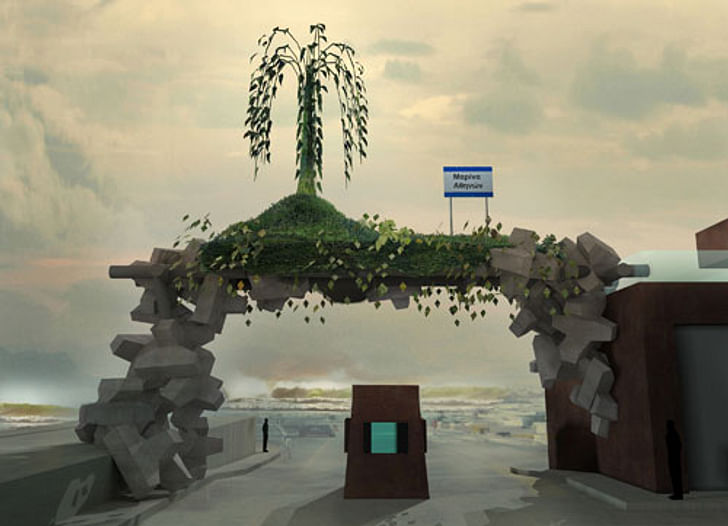 Angelidakis' 2010 project 'Monument to an Oncoming Disaster' imagines a monument designed around rising sea levels. On his blog, a description reads, 'Using the geometric rock modules that break waves are usually built with, we balance an artificial island up at the future horizon line.' (Both...