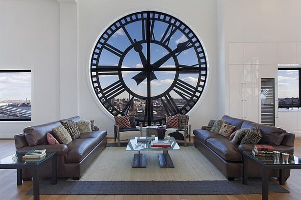 The Clock Tower - view of the living room overlooking Manhattan