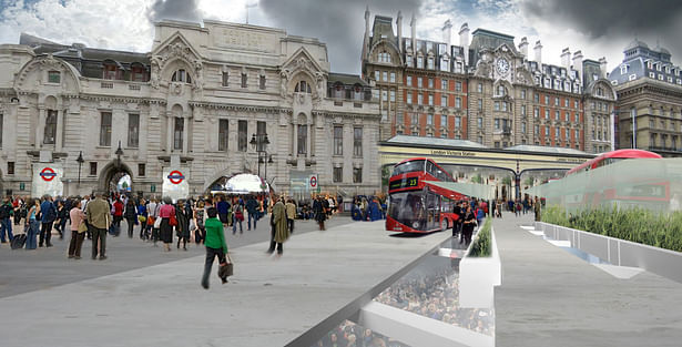 New Forecourt with renovated Main Concourse beyond and Pimlico Wharf Underground beneath