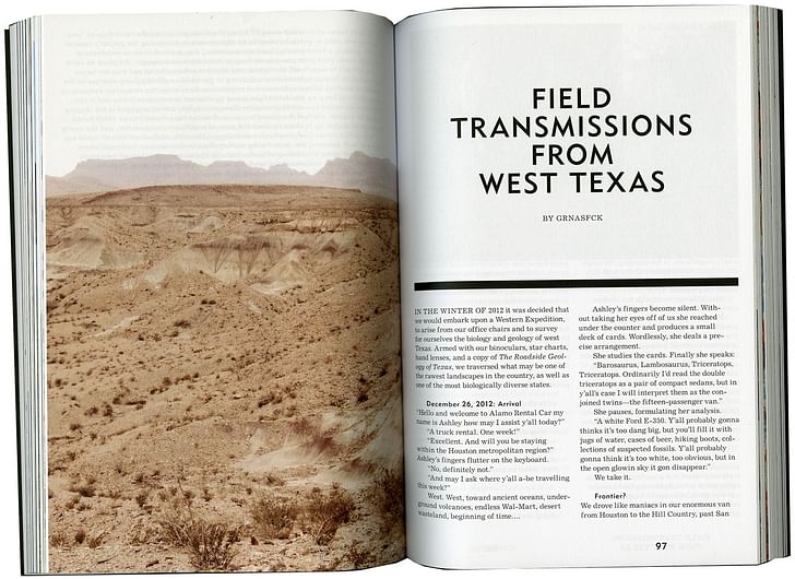 'Field Transmissions from West Texas' was published in the first issue of MANIFEST. Credit: MANIFEST / GRNASFCK