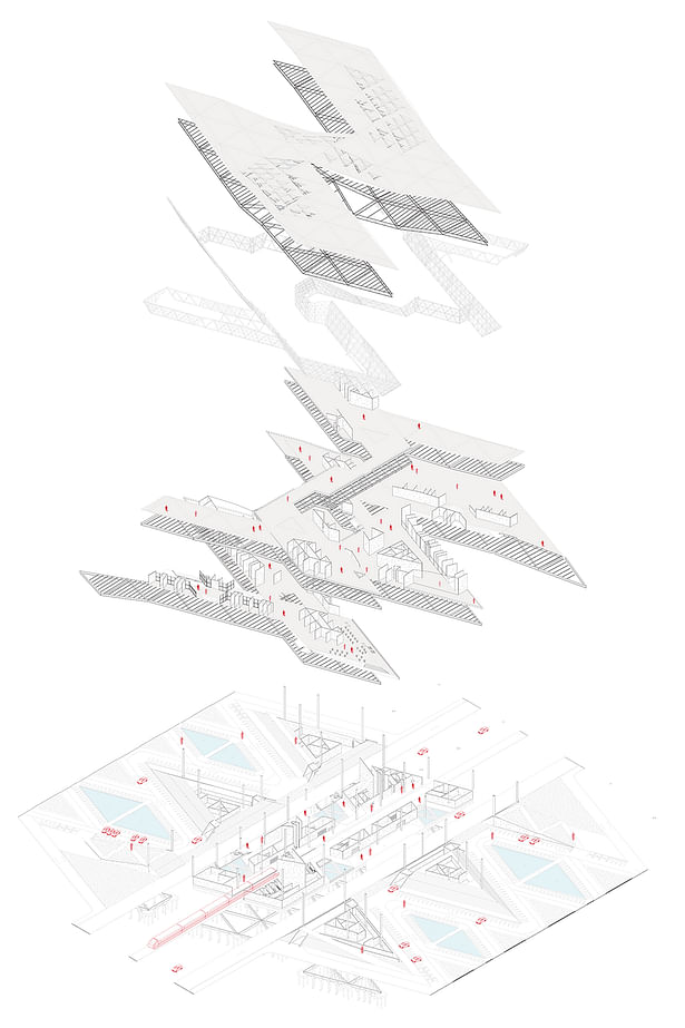 Exploded architectural and structural axonometric view