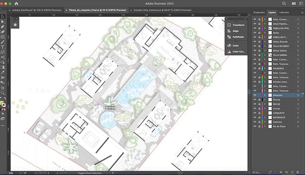 Architect's AutoCAD plans imported in Illustrator for presentation drawing embellishment 