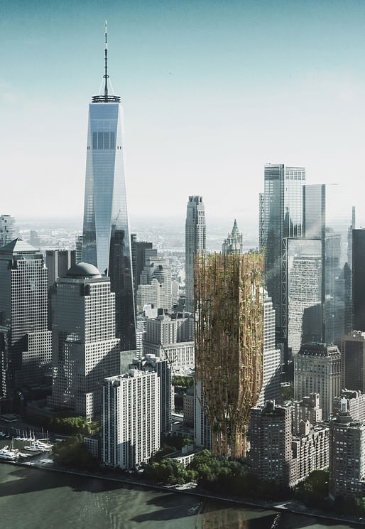 The proposal "Living Skyscraper For New York City​" by Andrii Lesiuk, Mykhaylo Kohut, Sofiia Shkoliar, Kateryna Ivashchuk, Nazarii Duda, Mariia Shkolnyk, Oksana-Daryna Kytsiuk, and Andrii Honcharenko from Ukraine is the top winner of the 2021 eVolo Skyscraper Competition.