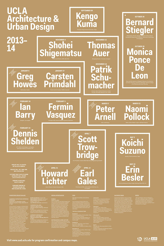 Poster of 2013-14 events at UCLA Architecture & Urban Design. Image courtesy of UCLA AUD.