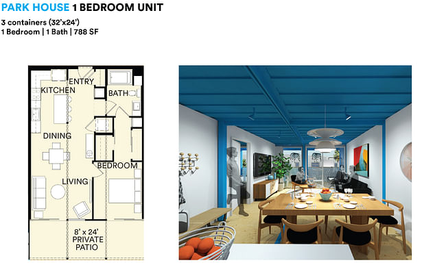 View of Living and Dining Areas | Tube steel reinforcing and shipping containers surfaces have been left exposed in much of the living spaces.