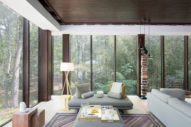The living space overlooks a thicket of bamboo to the rear.