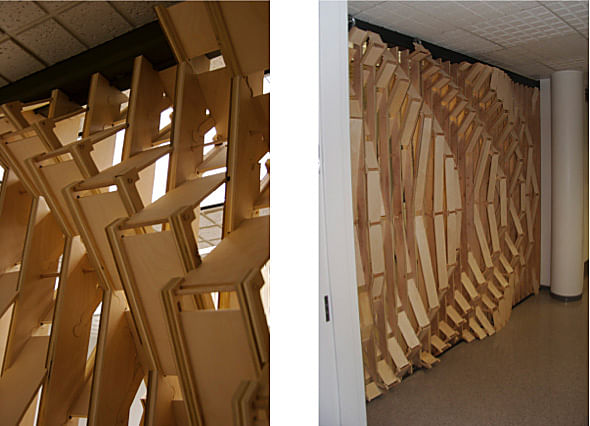 Ripple Wall- The Ripple wall installation, is composed of entirely friction components, exemplifying the use of digital tectonics made available through digital fabrication equipment.