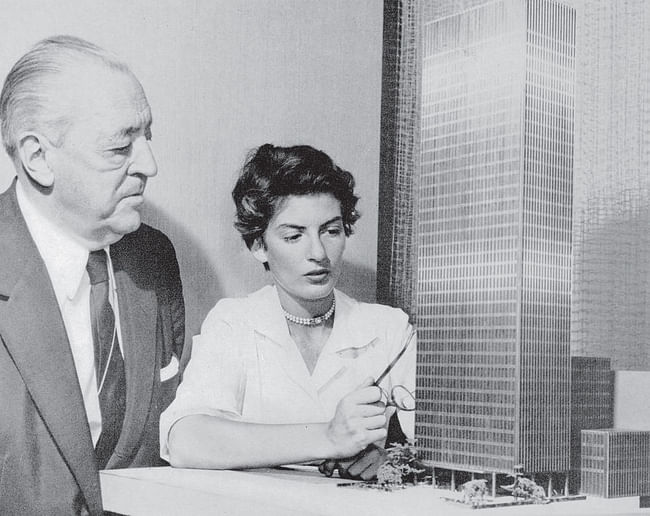 Ludwig Mies van der Rohe and Phyllis Lambert with the model for the Seagram Building New York, 1955. Photo © Fonds Phyllis Lambert.