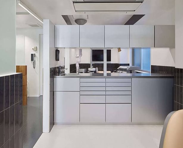 Stainless steel elements were used for the shared pass-through cabinets and workspace to give it a utilitarian feel with clean lines