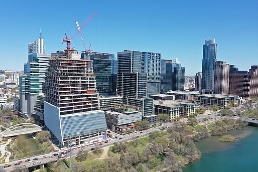 Construction shot of the Block 185 tower in early April. Image via Pelli Clarke Pelli Architects' <a href="https://www.instagram.com/p/CNSuppss4UC/">Instagram</a>.