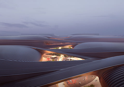 Rendering of Phase II of Beijing's International Exhibition Centre. Rendering: Brick Visual. Image courtesy of Zaha Hadid Architects.