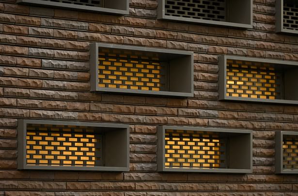 A play of material and scale on the façade honors local brickwork history