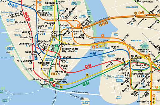 Detail of the Hertz-style 2019 New York City Subway Map. Courtesy of Metropolitan Transportation Authority of the State of New York.