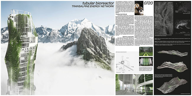 Honorable Mention: Tubular Bioreactor Algae Skyscraper: Transalpine Energy Network by Johannes Schlusche, Paul Böhm, Raffael Grimm (Austria, Germany)