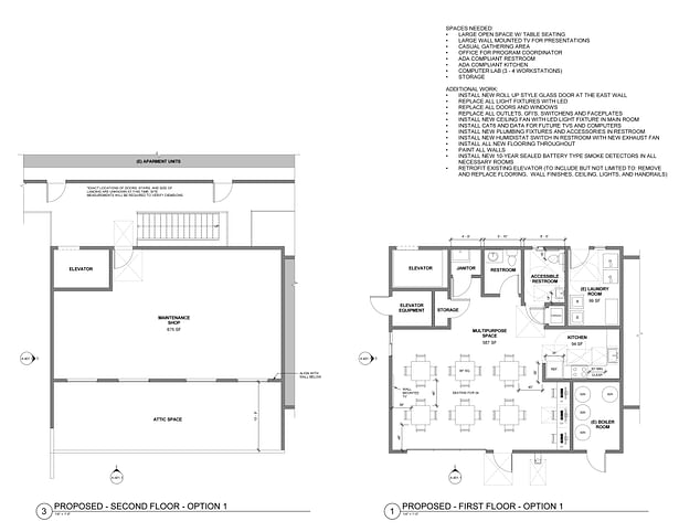 Option 1: For this layout, I relocated the maintenance shop to the new second floor, where the existing attic space was. The square footage for the proposed maintenance shop was similar to the existing square footage. The kitchen was upgraded to meet accessibility codes and the second restroom and a janitor's closet were added. 