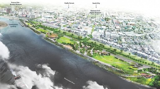 Aerial view of Tom Lee Park, designed by Studio Gang and SCAPE. All renderings courtesy of Memphis River Parks Partnership / Studio Gang.